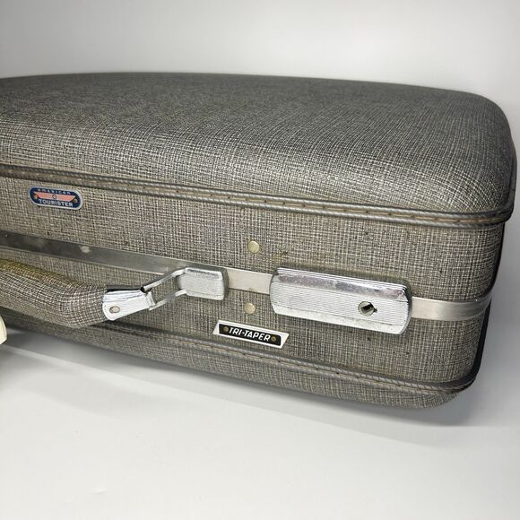 Vintage American Tourister Tri Taper Grey Suitcase Luggage Hard Shell Plaid 50s - Picture 10 of 16